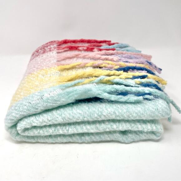 Renne's NYC Women's Soft Plush Scarf in Pastel Rainbow Rectangle Scarf w/ Fringe - Picture 8 of 10